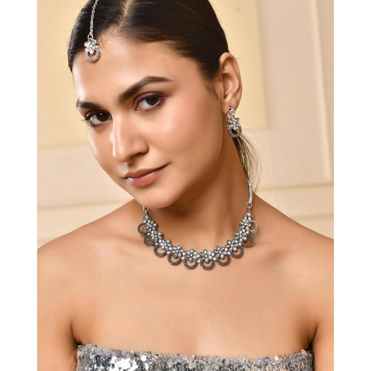 VOJ Oxidized Floral Stone Studded Necklace With Earrings Set