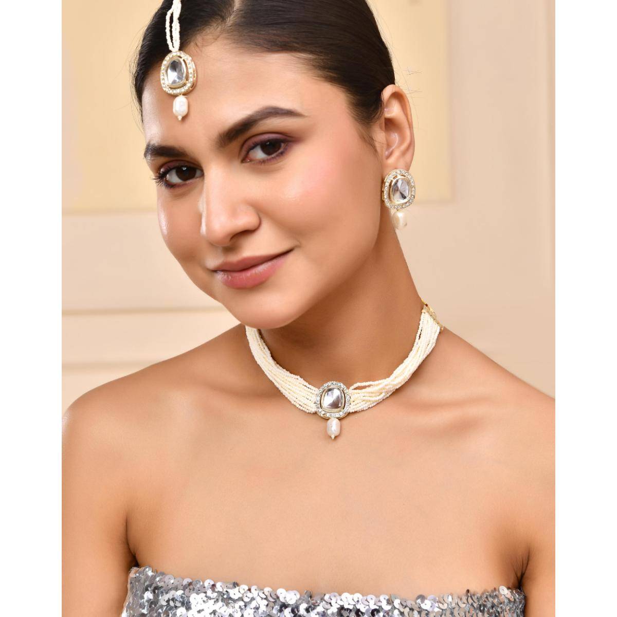 VOJ White Kundan Studded Choker Set