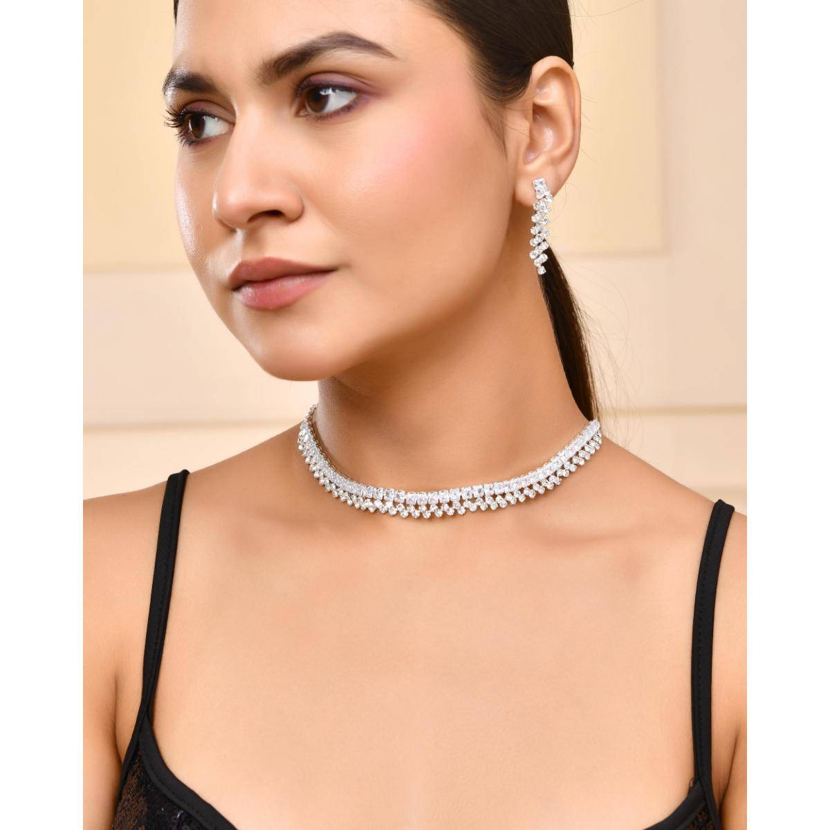 VOJ Silver Plated Cz And Artificial Stones Studded Necklace Set