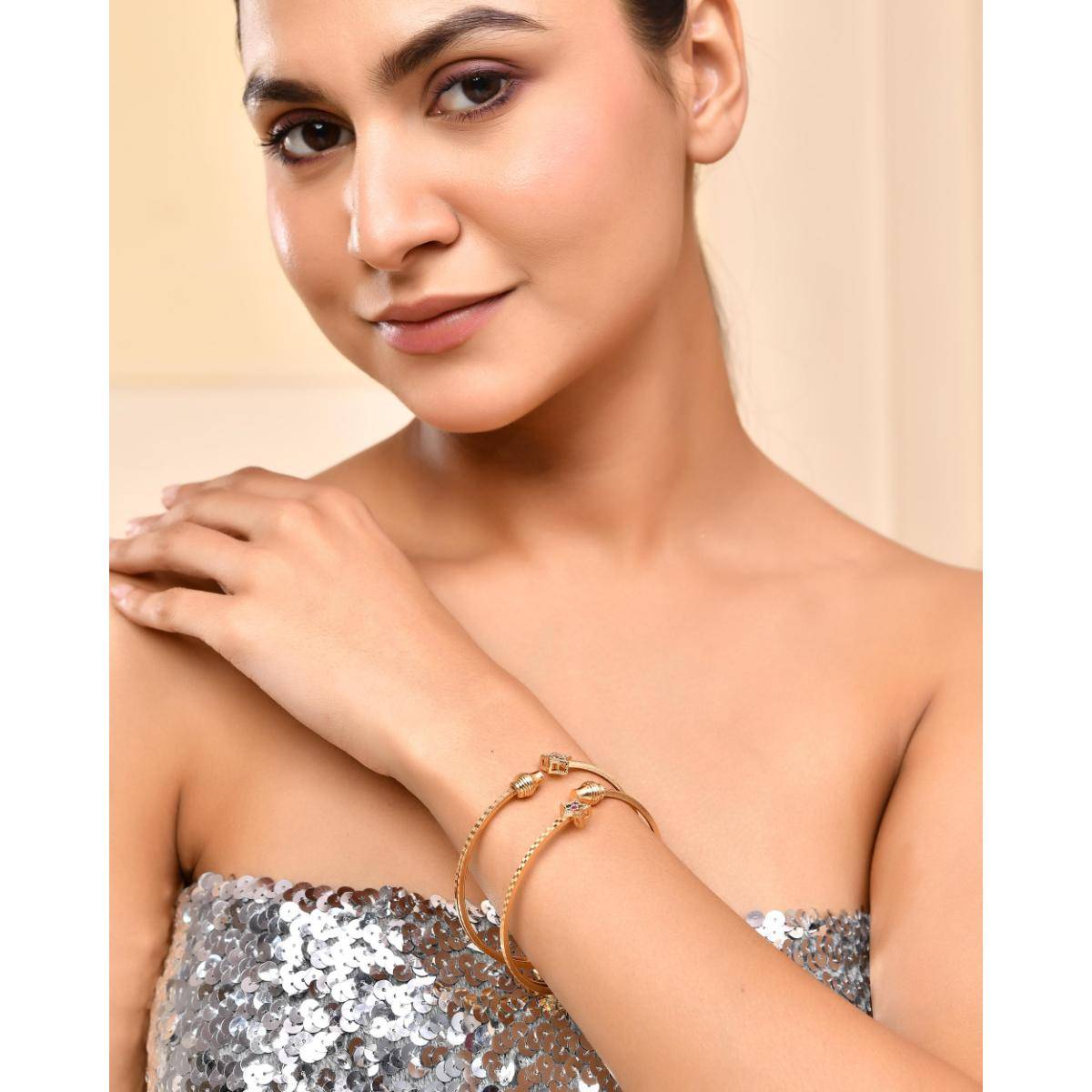 VOJ Pack Of 2 Gold Plated Multi Color Stone Studded Star Shaped Bangles