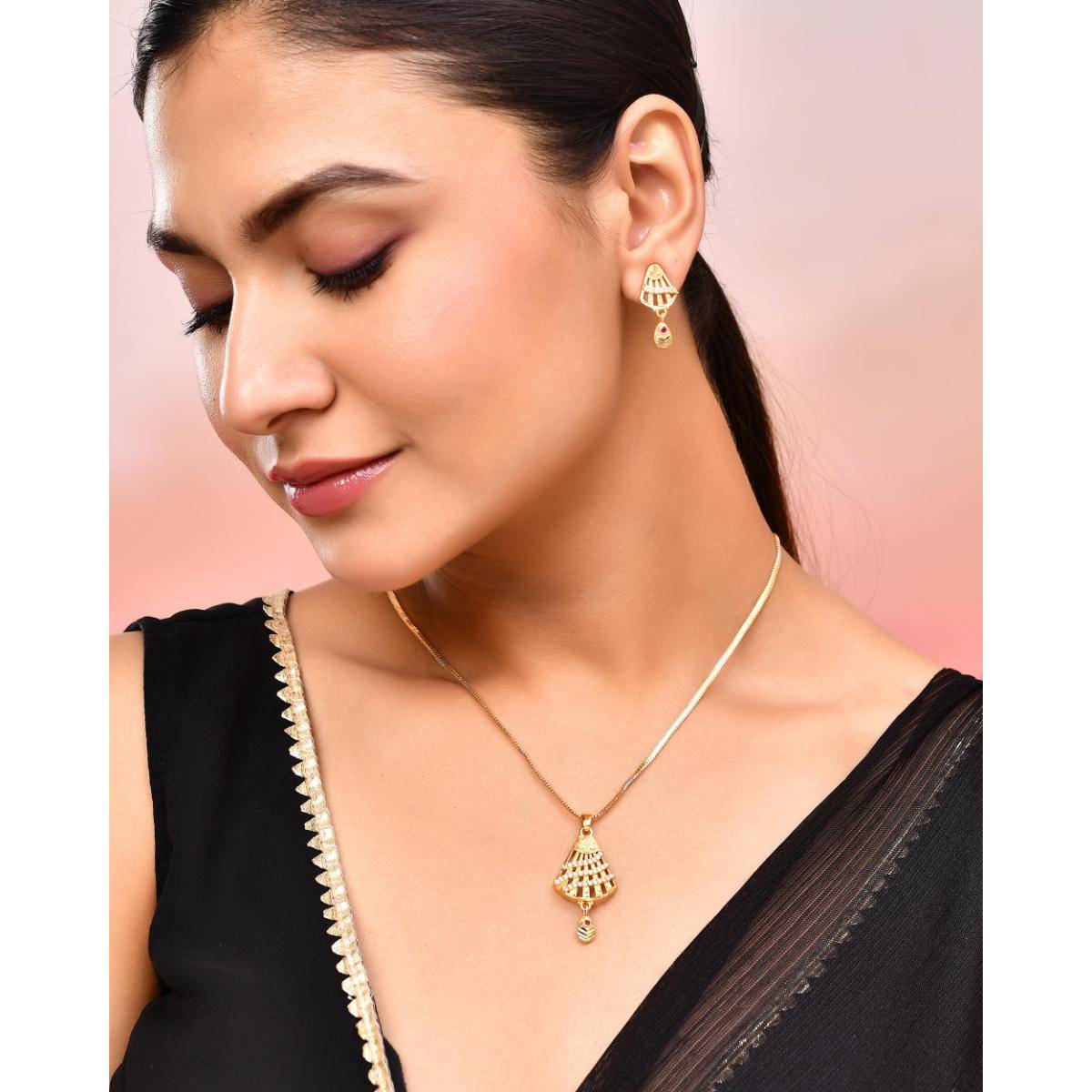 VOJ Gold Plated Designer Shaped Ad Stone Studded Chain Set