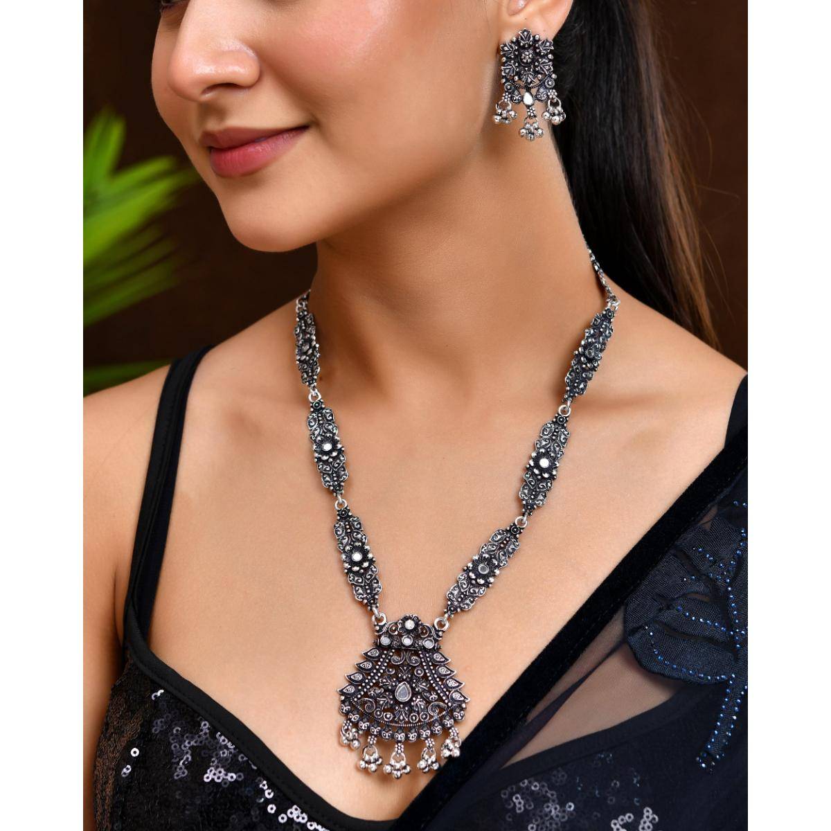 VOJ Oxidized Silver-Plated Artificial Stone And Beaded Long Jewellery Set