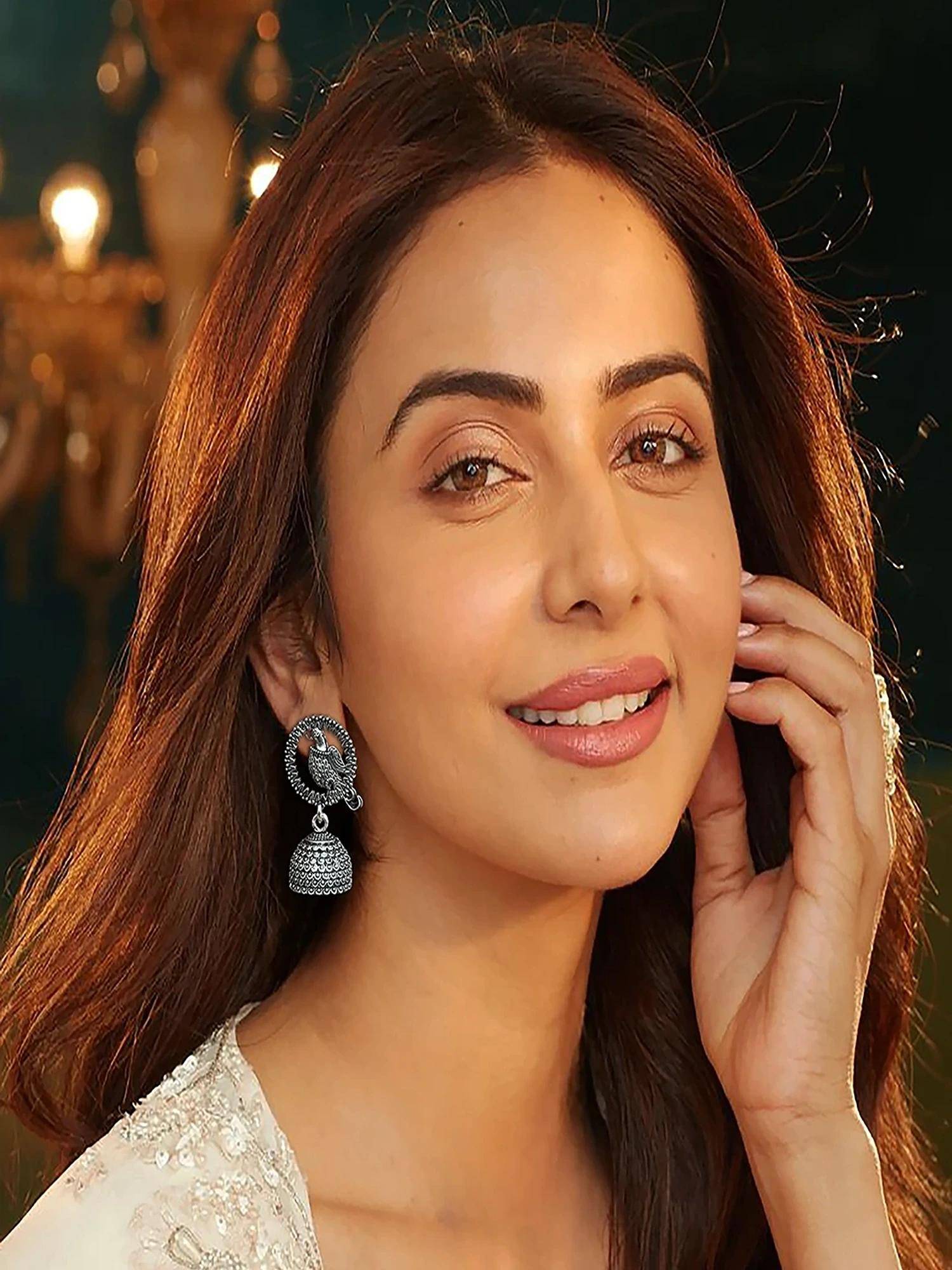 Accessher Oxidised Silver Bird Jhumka Earrings