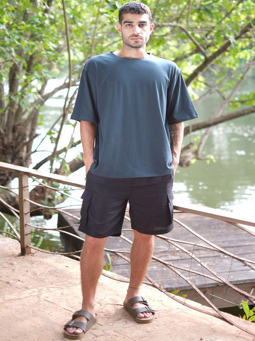 Buy Creatures of Habit Linen Cargo Shorts- Midnight Black Online