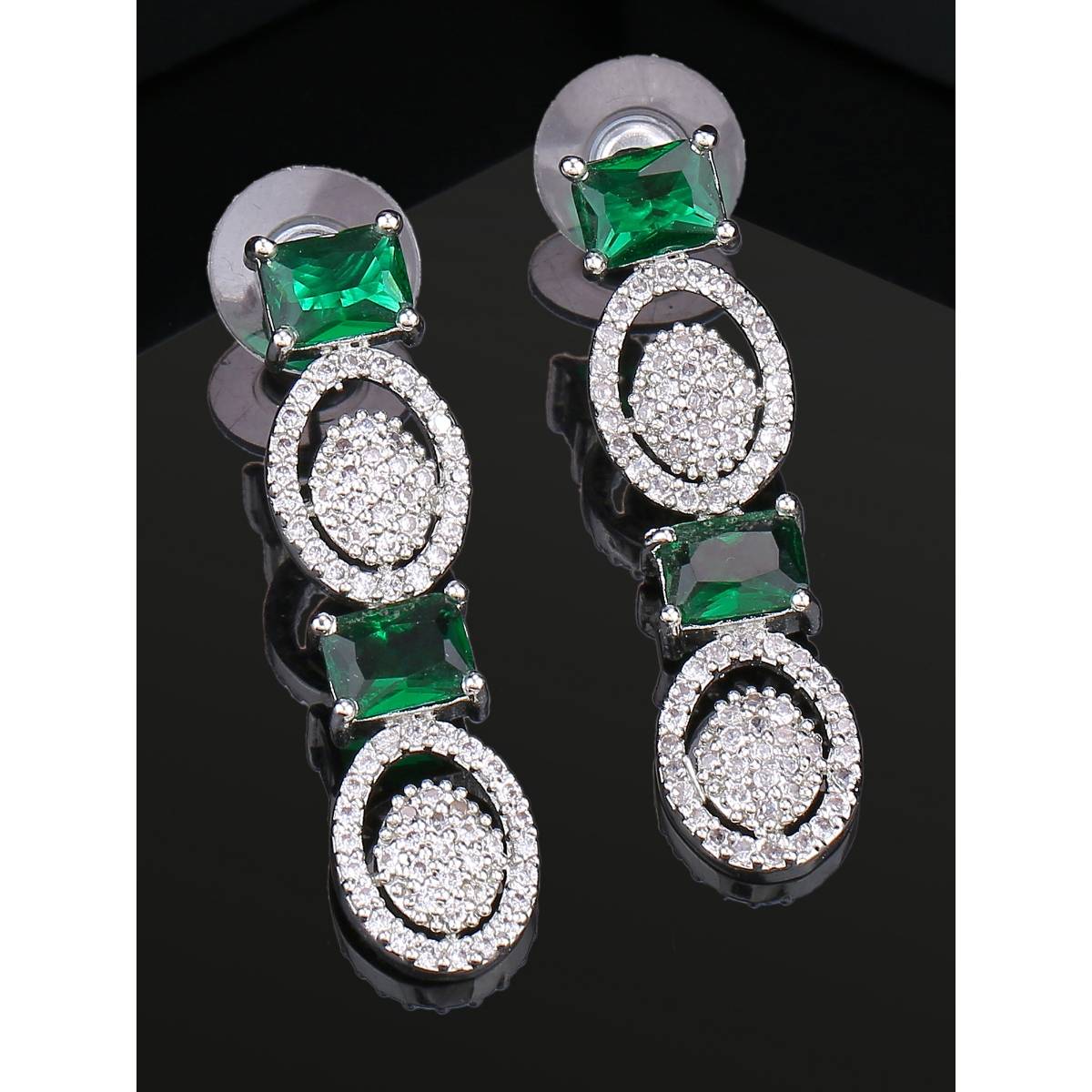 Estele Rhodium Plated CZ Adorable Earrings with Green Crystals