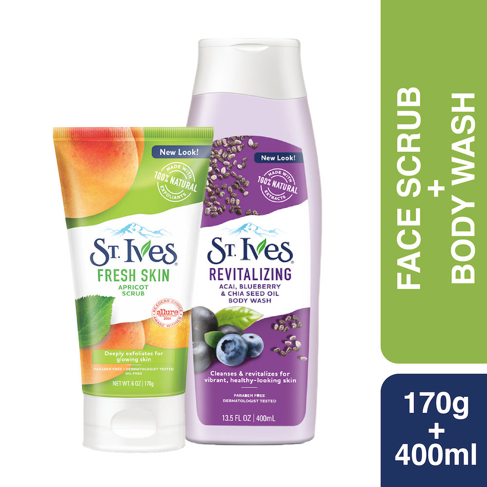 St. Ives Fresh Skin Apricot Scrub & Revitalizing Acai Blueberry & Chia Seed Oil Body Wash Combo