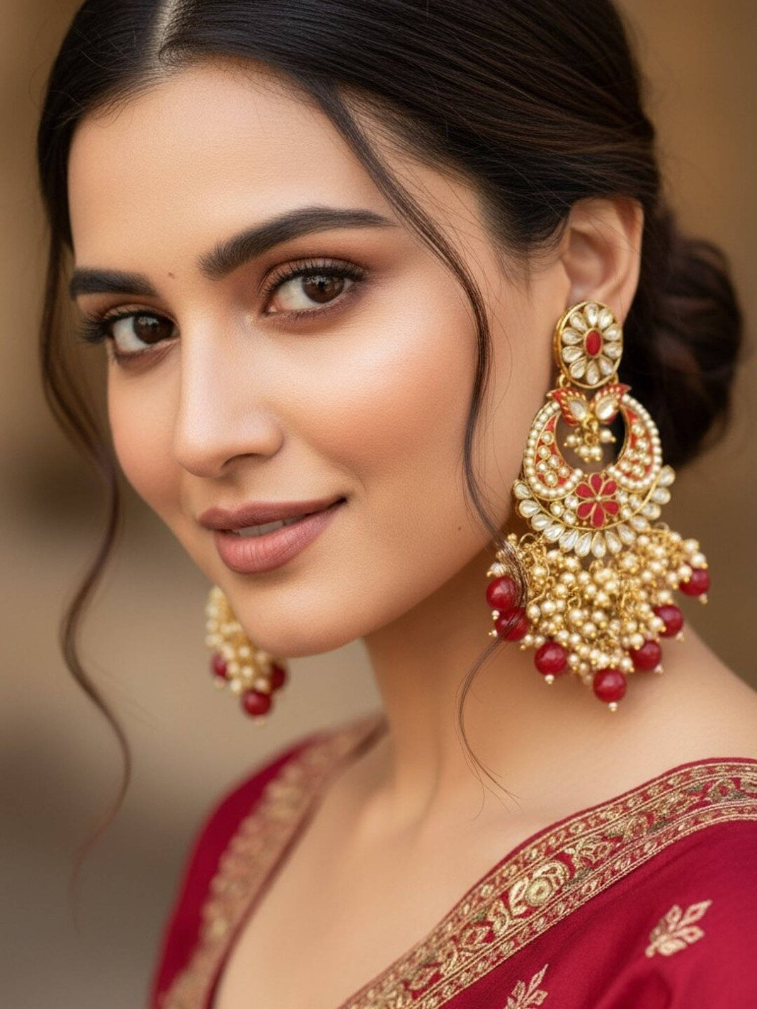 Accessher Red Floral Kundan Chandbali Earrings