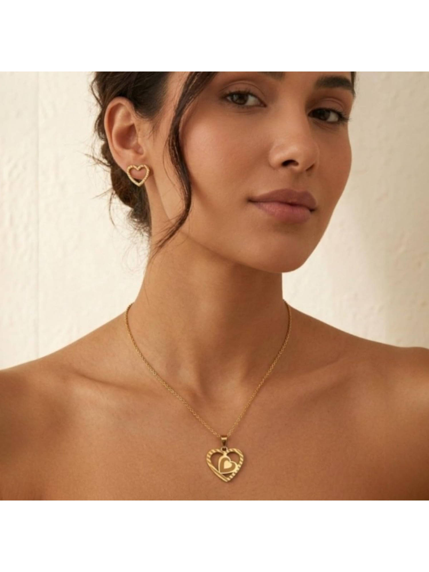 Accessher Gold-Tone Double Heart Locket Necklace and Earrings