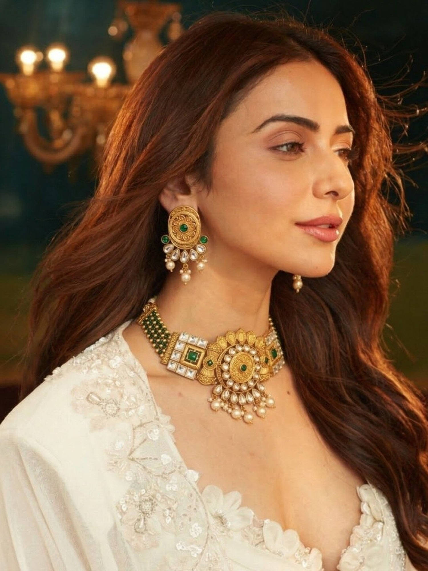 Accessher Multi-Color Gold-Plated Temple Necklace with Earrings