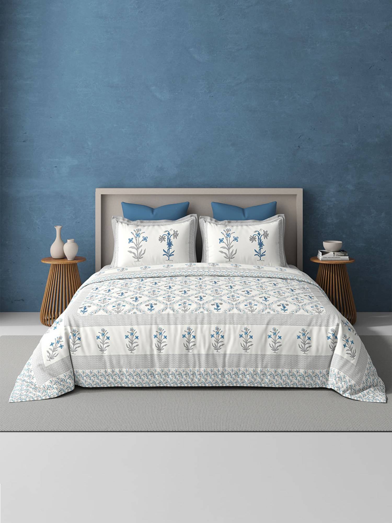 BELIHODE Blue 250TC Pure Cotton Jaipuri Block Print Bedsheet (Single)