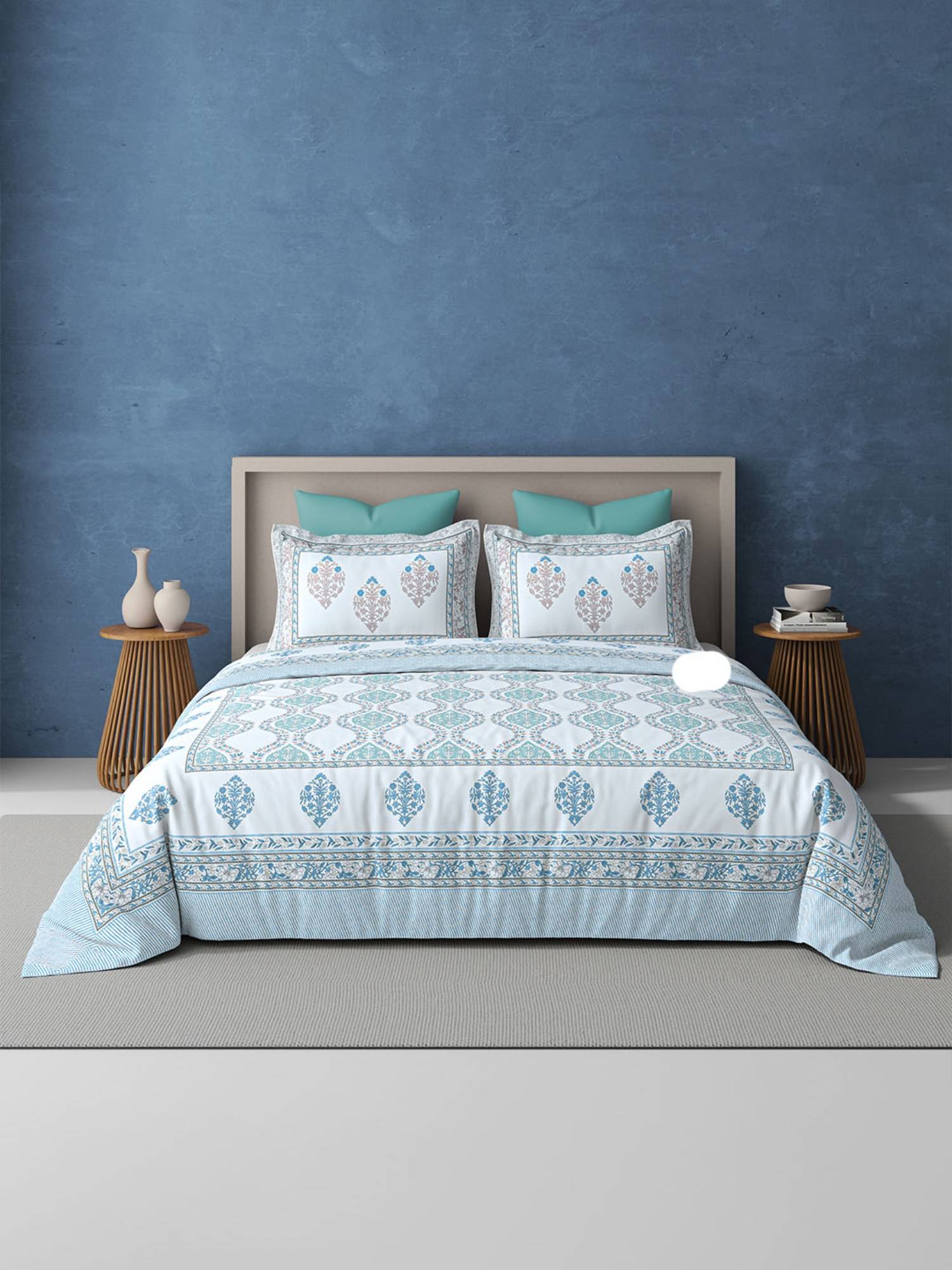 BELIHODE Blue 250TC Pure Cotton Jaipuri Block Print Bedsheet (Single)