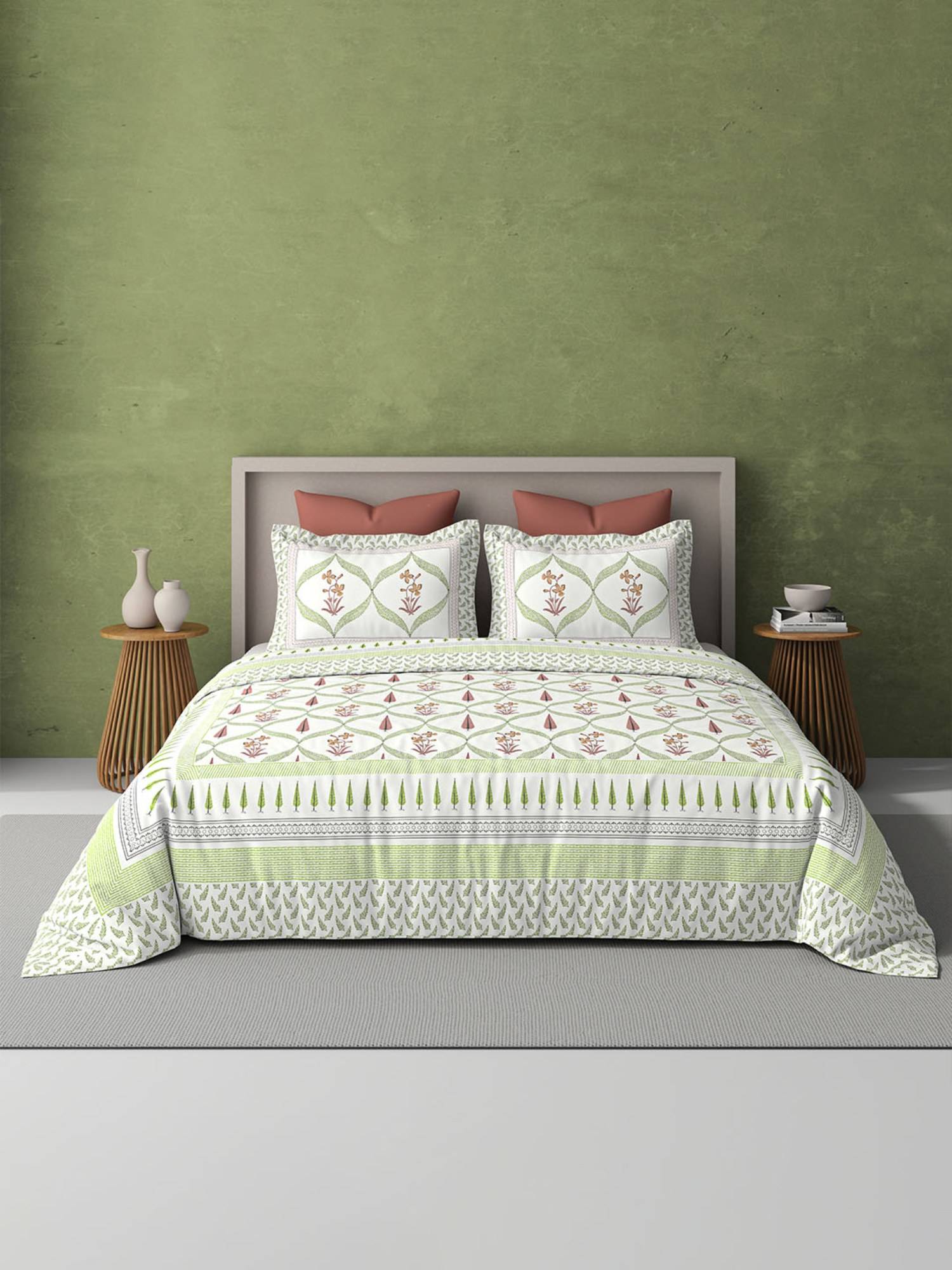 BELIHODE Green 250TC Pure Cotton Jaipuri Block Print Bedsheet (Single)