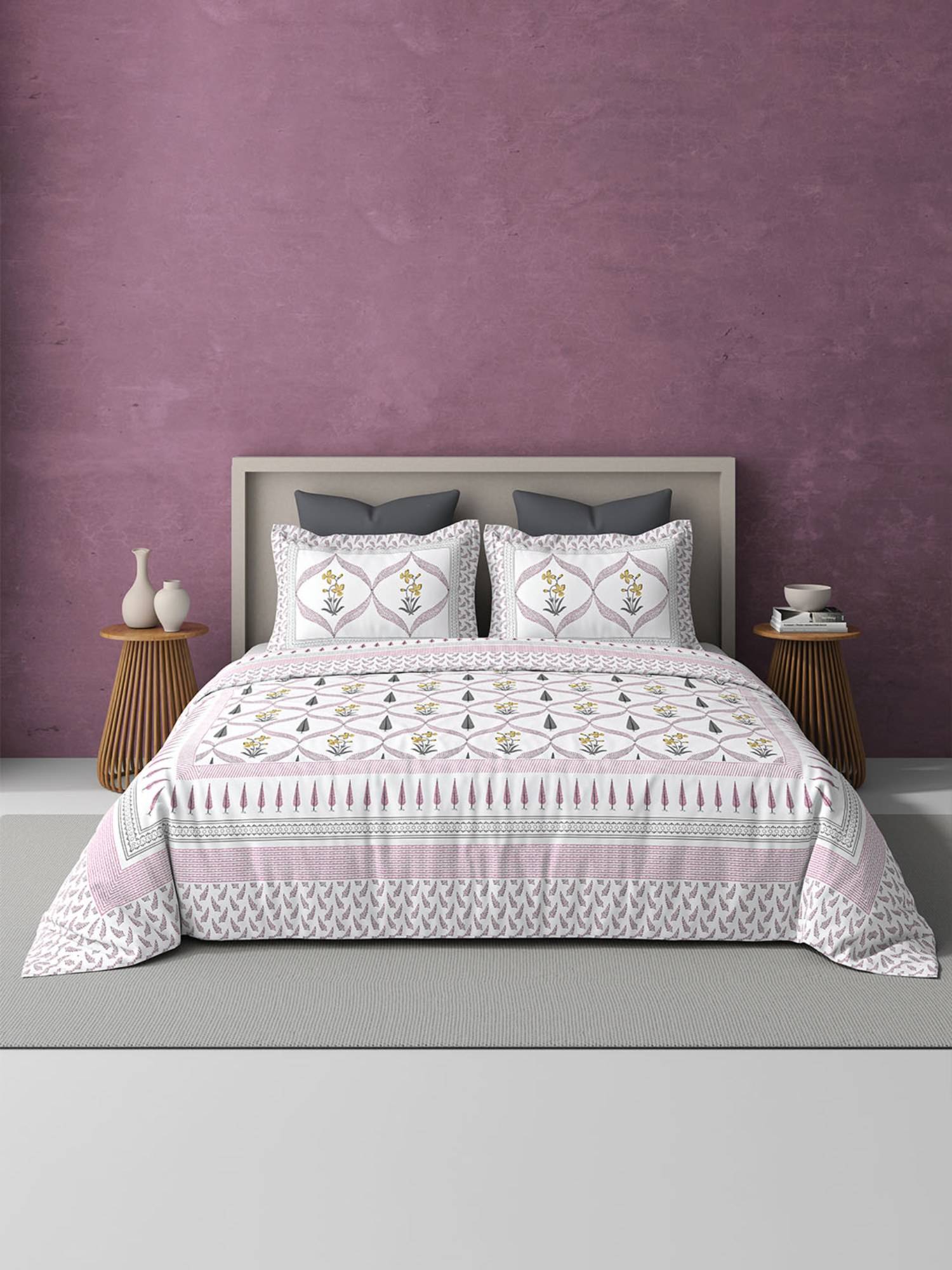 BELIHODE Pink 250TC Pure Cotton Jaipuri Block Print Bedsheet (Single)