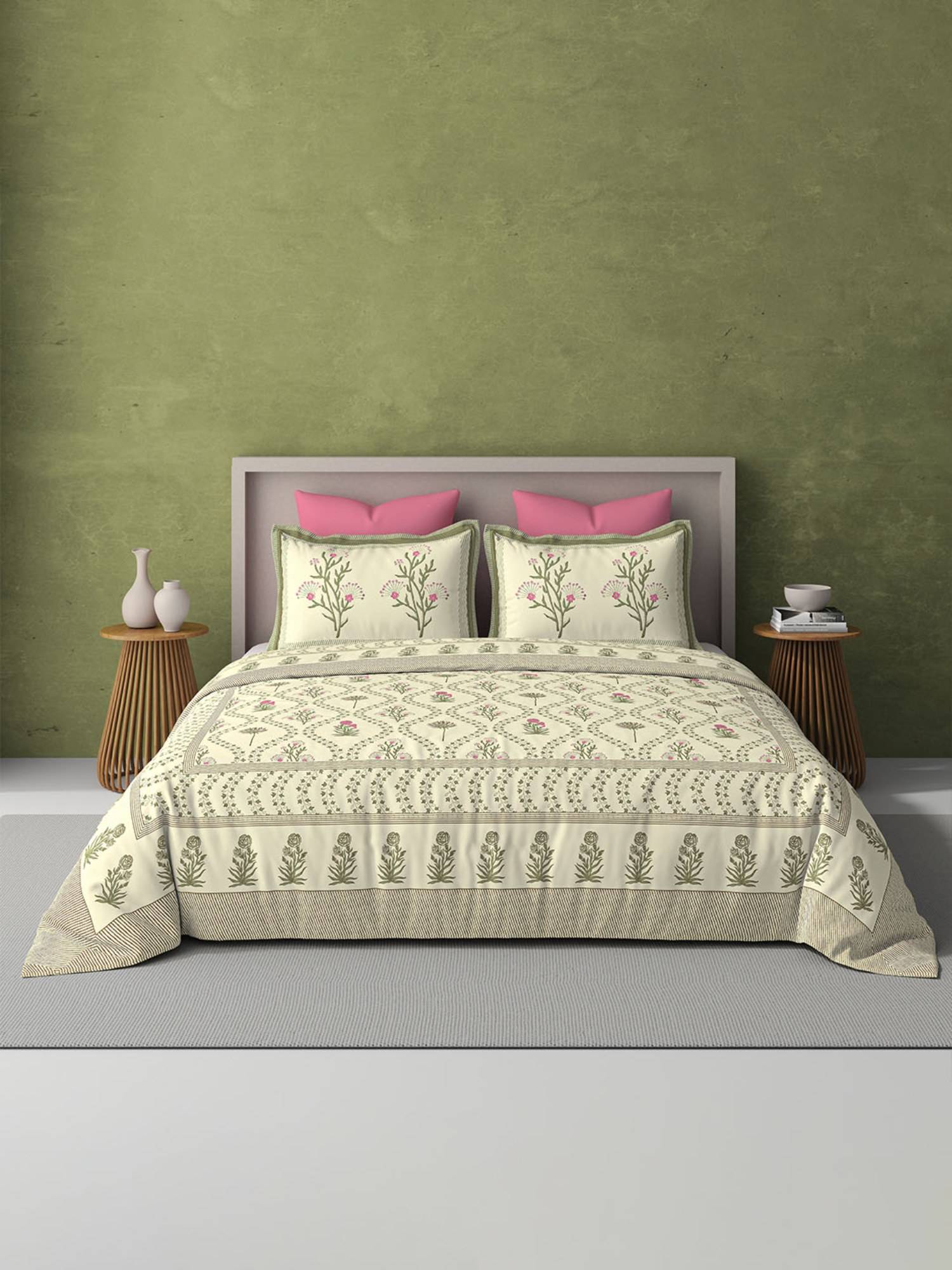 BELIHODE Green 250TC Pure Cotton Jaipuri Block Print Bedsheet (Single)