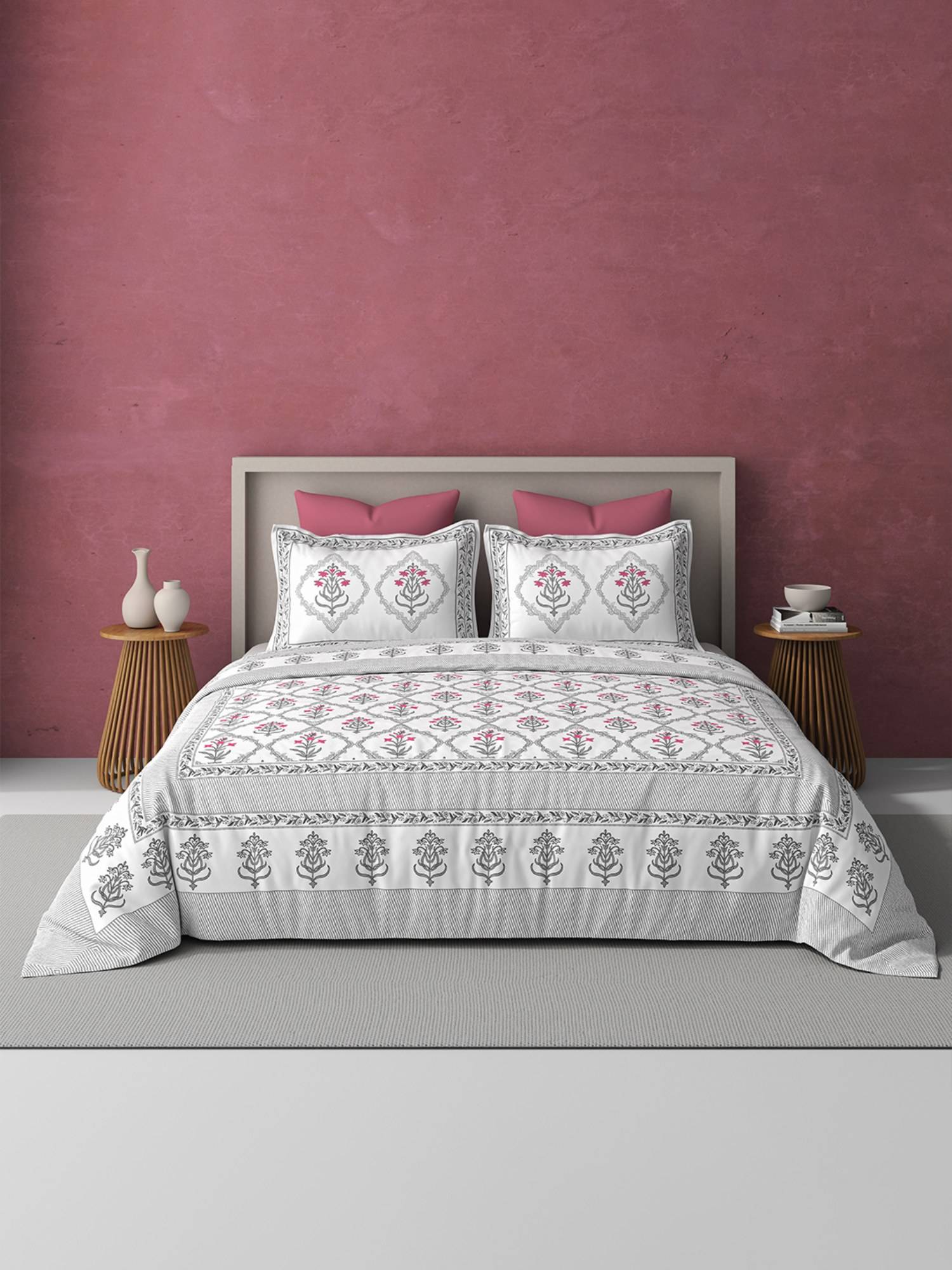 BELIHODE Pink 250TC Pure Cotton Jaipuri Block Print Bedsheet (Single)