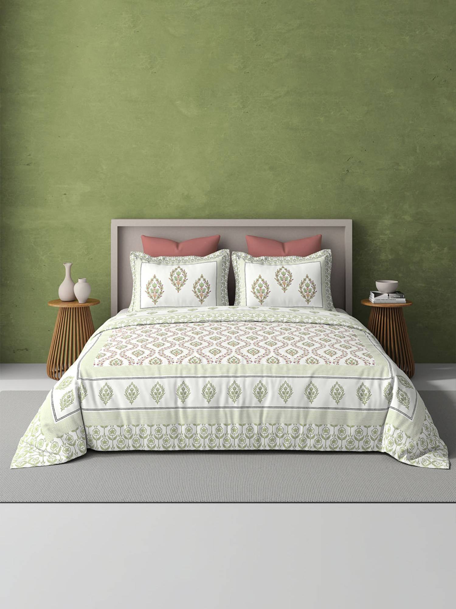 BELIHODE Green 250TC Pure Cotton Jaipuri Block Print Bedsheet (Single)