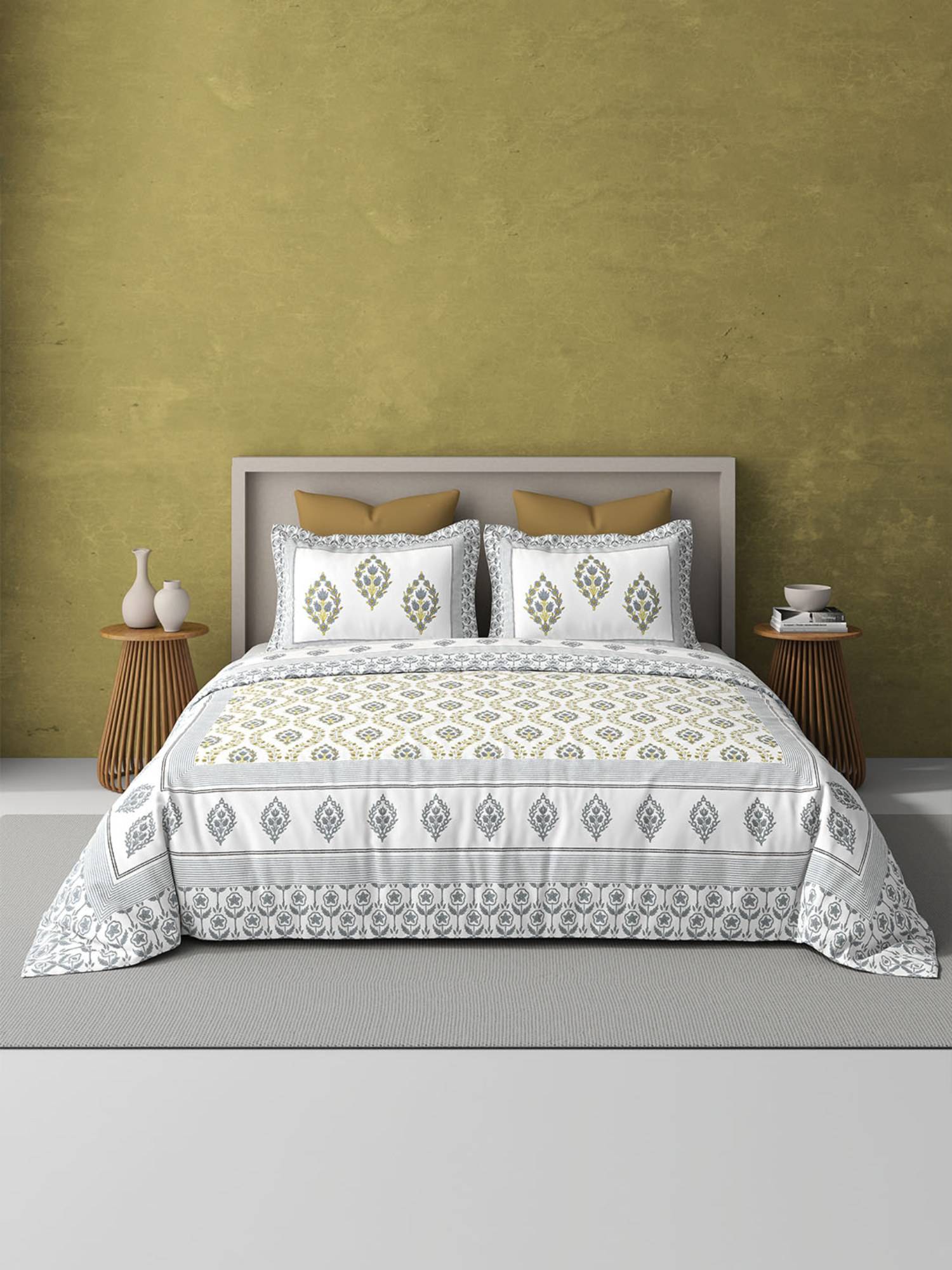 BELIHODE Grey 250TC Pure Cotton Jaipuri Block Print Bedsheet (Single)