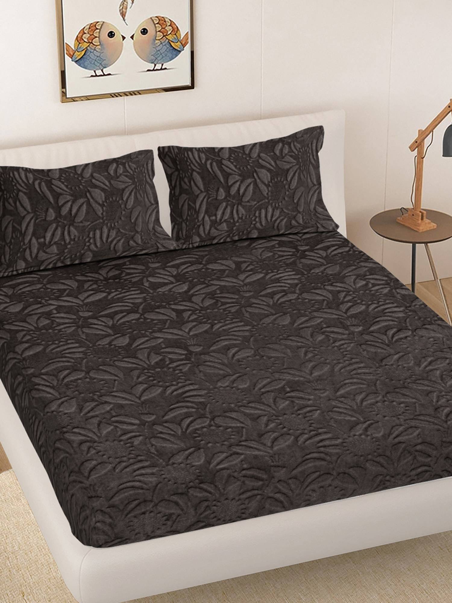FABINALIV Brown Floral Woollen Embosed Double Bedsheet with 2 Pillow Covers (King)