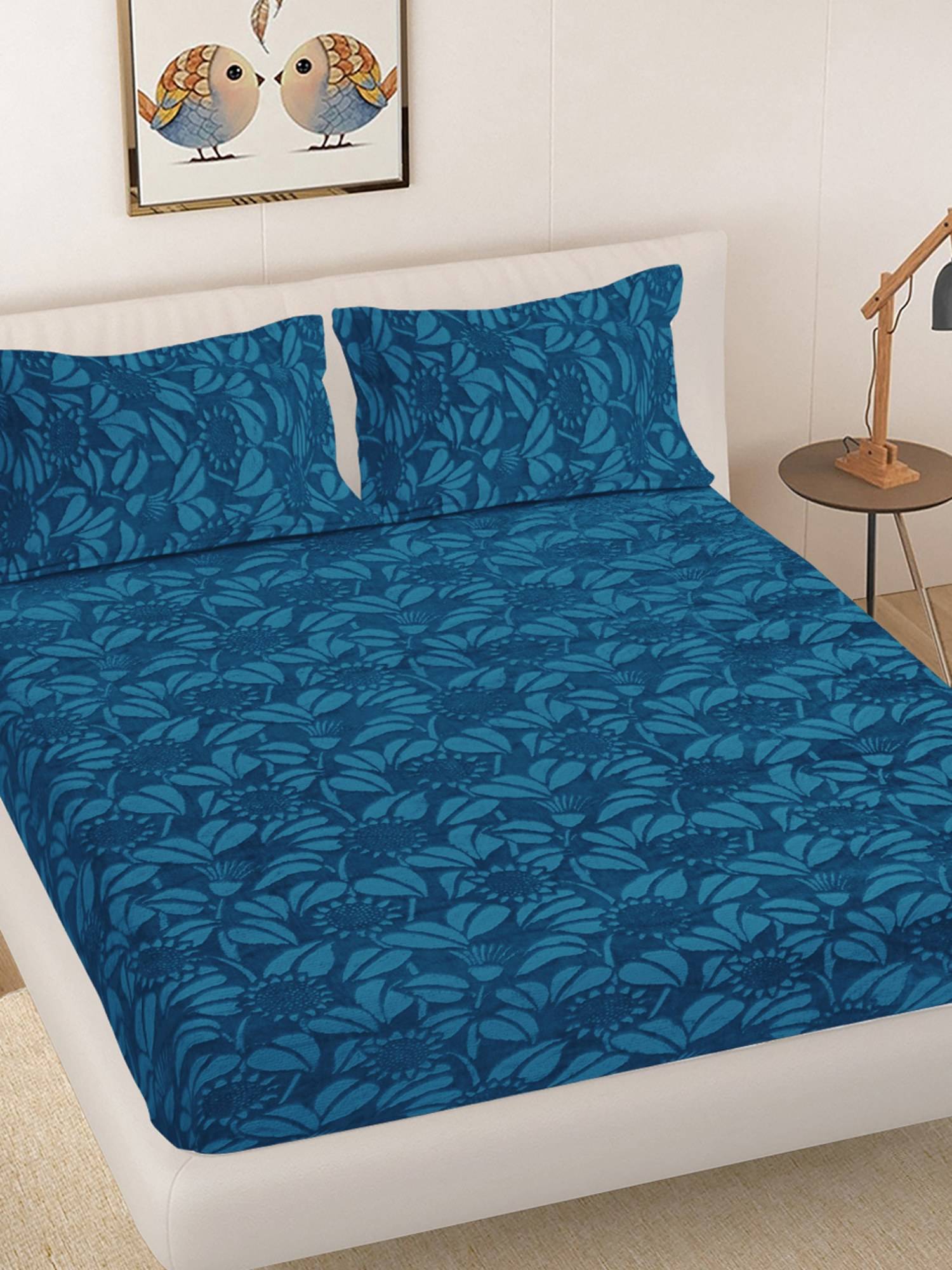 FABINALIV Teal Floral Woollen Embosed Double Bedsheet with 2 Pillow Covers (King)