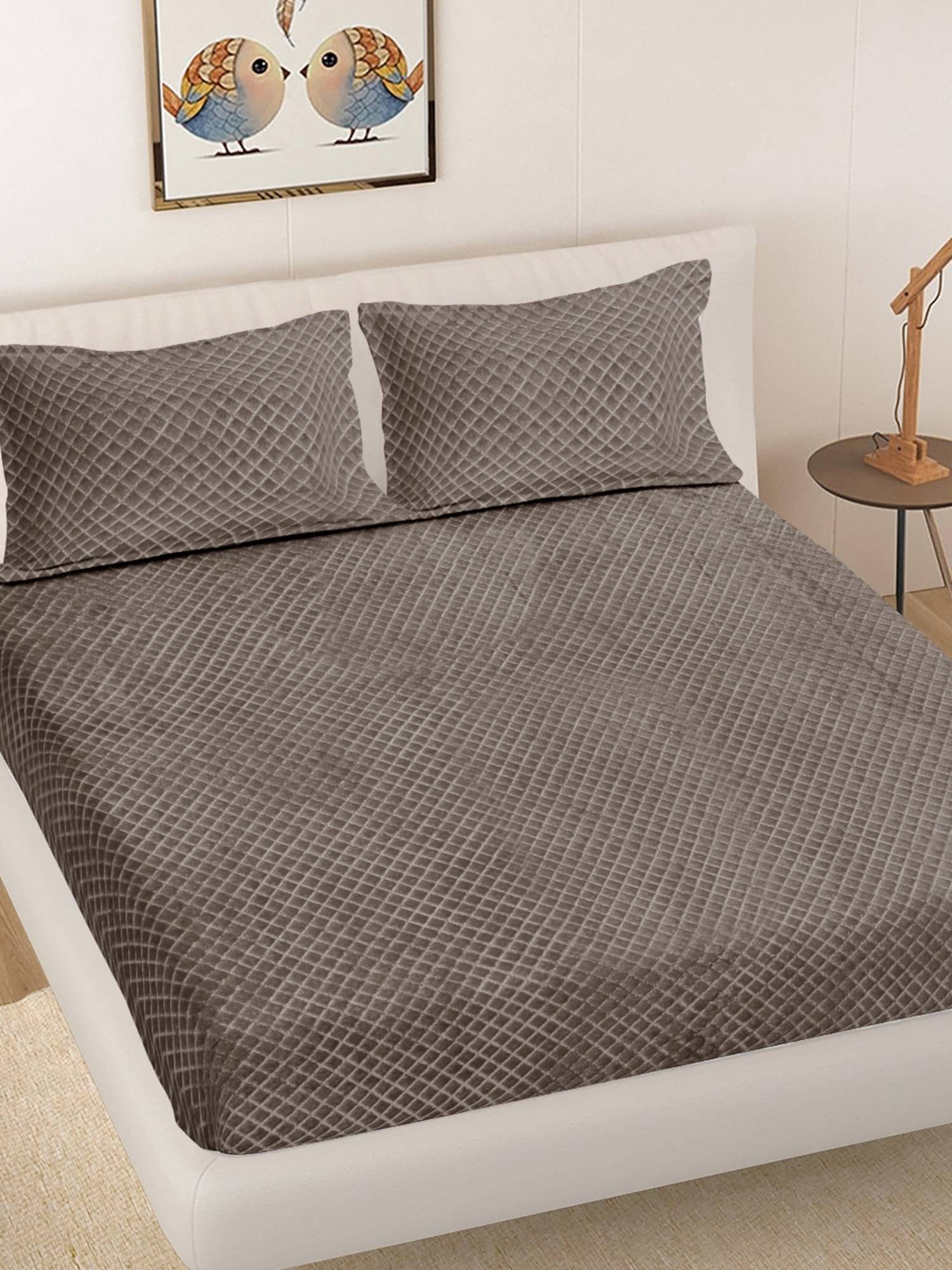 FABINALIV Grey Mouse Geometric Woollen Embosed Double Bedsheet with 2 Pillow Covers (King)