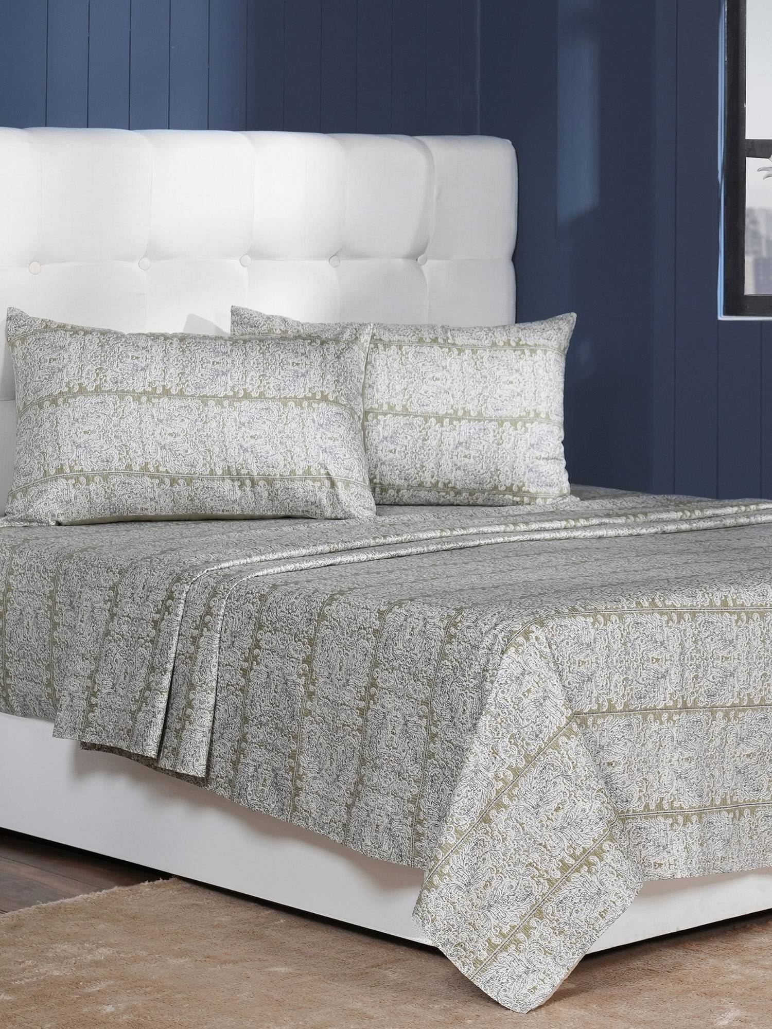 Maspar Green 400TC Cotton Printed Bedsheet with 2 Pillow Covers (King)