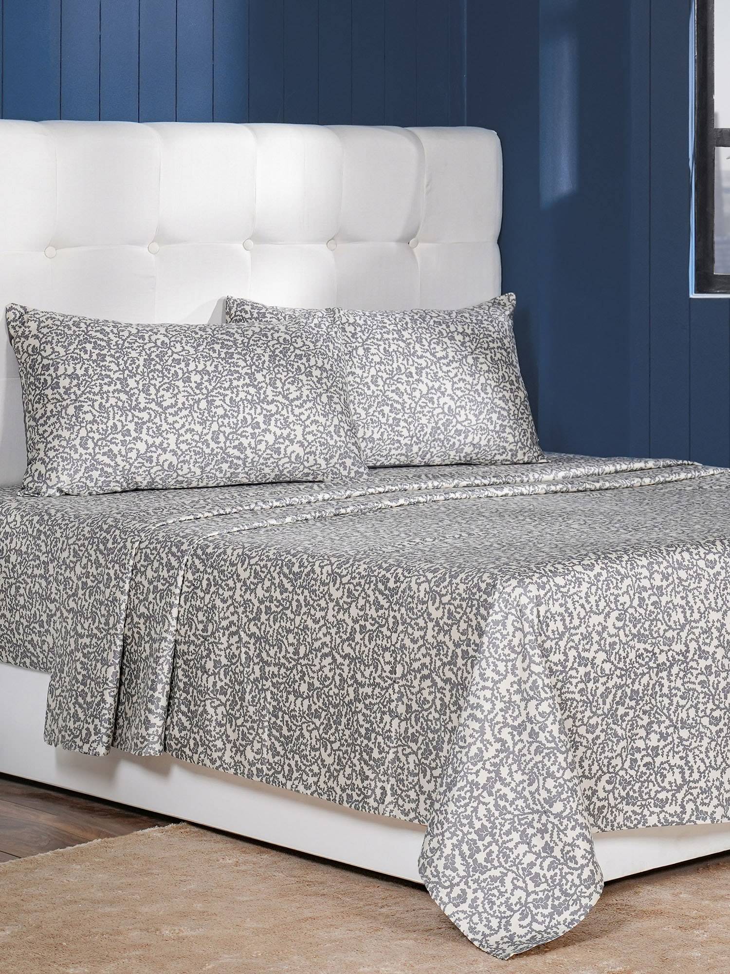 Maspar Grey 400TC Cotton Printed Bedsheet with 2 Pillow Covers (King)