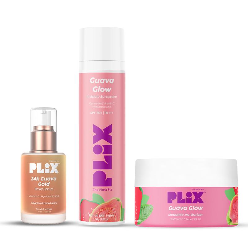 Plix Guava Glowy Kit With 24K Gold Dewy Serum, SPF 50+ Sunscreen & Moisturizer