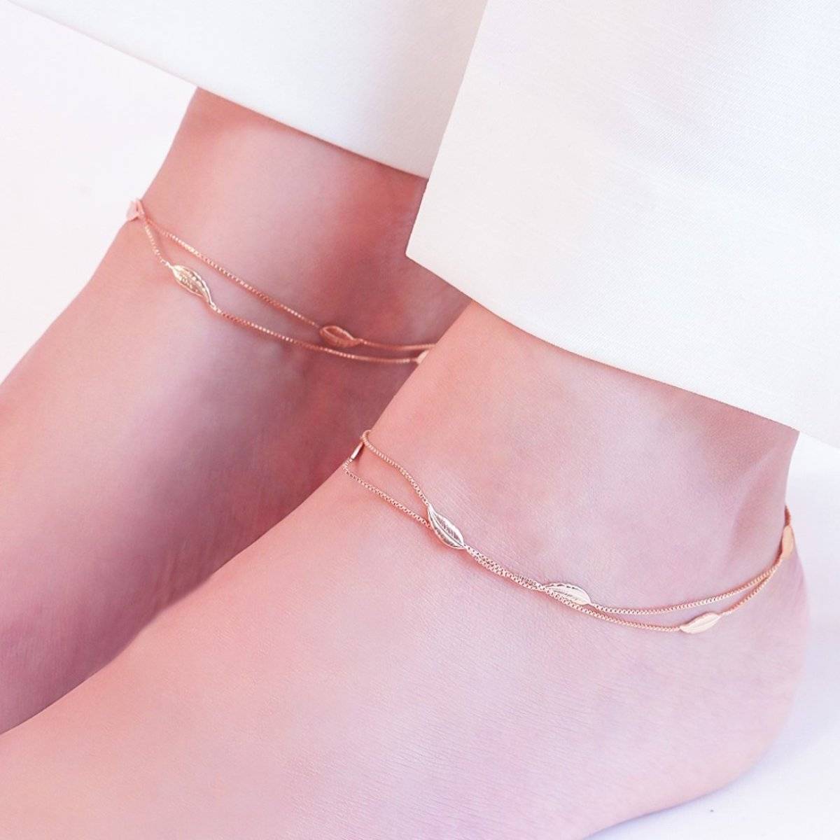Zavya Graceful Foliage Rose Gold-Plated 925 Sterling Silver Leaf Anklet- Pair