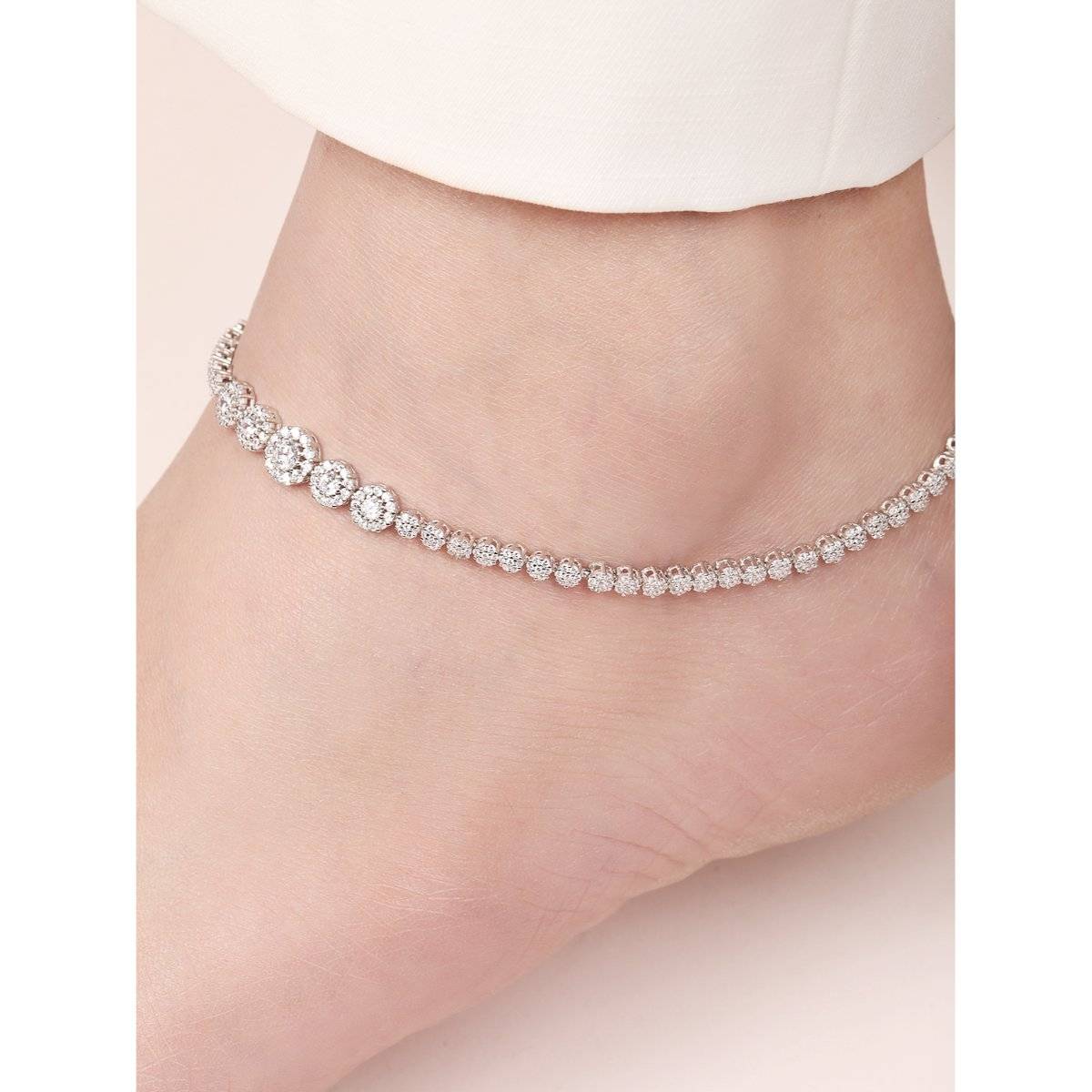 Zavya Glimmering Fusion Floral CZ Rhodium Plated 925 Sterling Silver Anklet