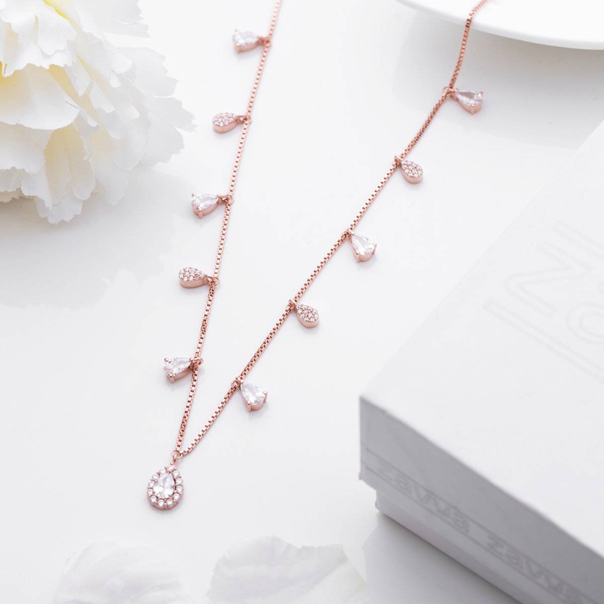 Zavya Rosy Radiance Rose Gold-Plated CZ Droplet 925 Sterling Silver Necklace