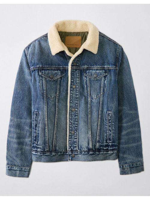 American Eagle Men Blue Denim Sherpa Trucker Jacket