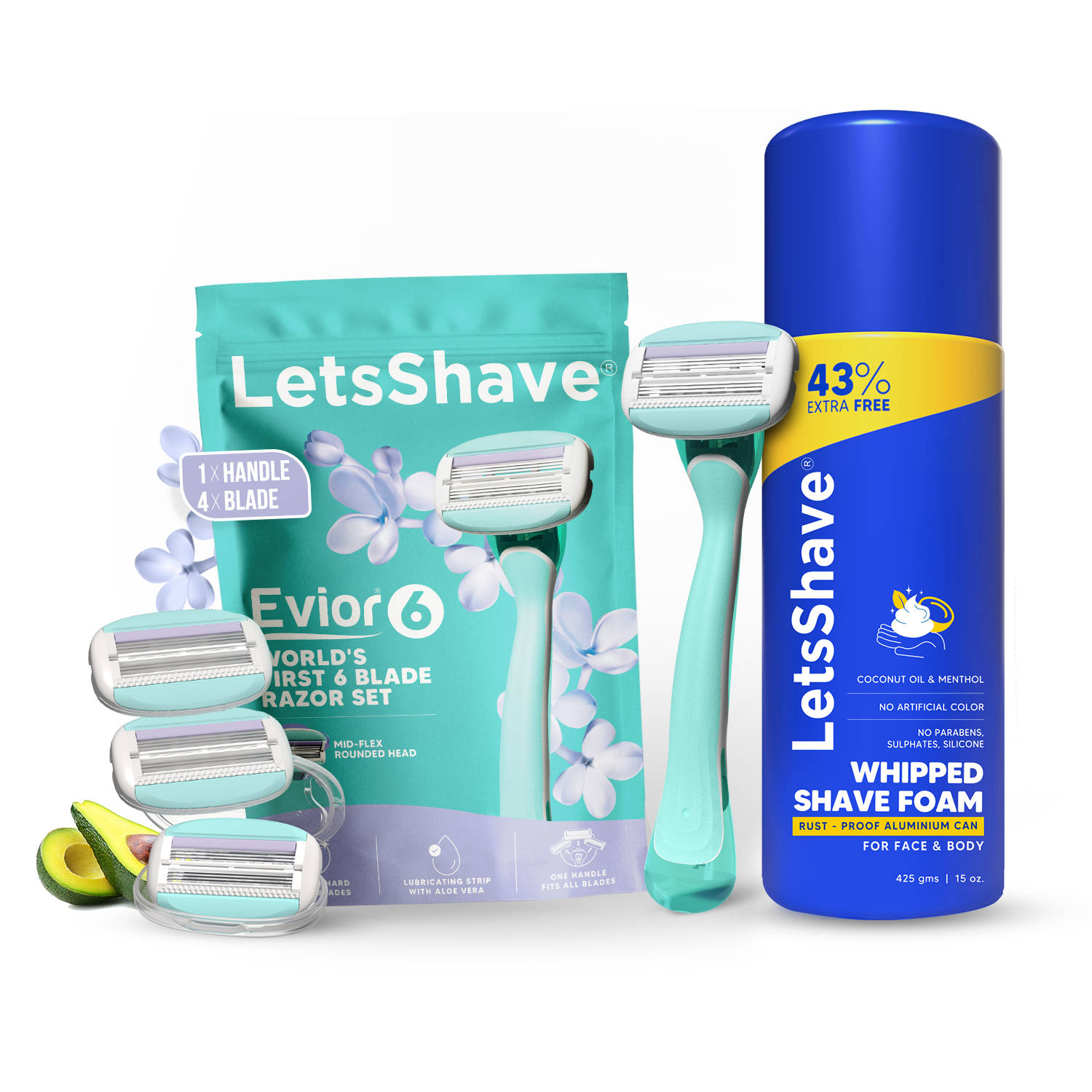 LetsShave Evior 6 Value Kit for Sensitive Skin With Evior 6 Blades & Evior Whipped Cream
