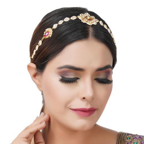Auraa Trends 22Kt Gold Plated Kundan Traditional Red and Green Head Band  for Women
