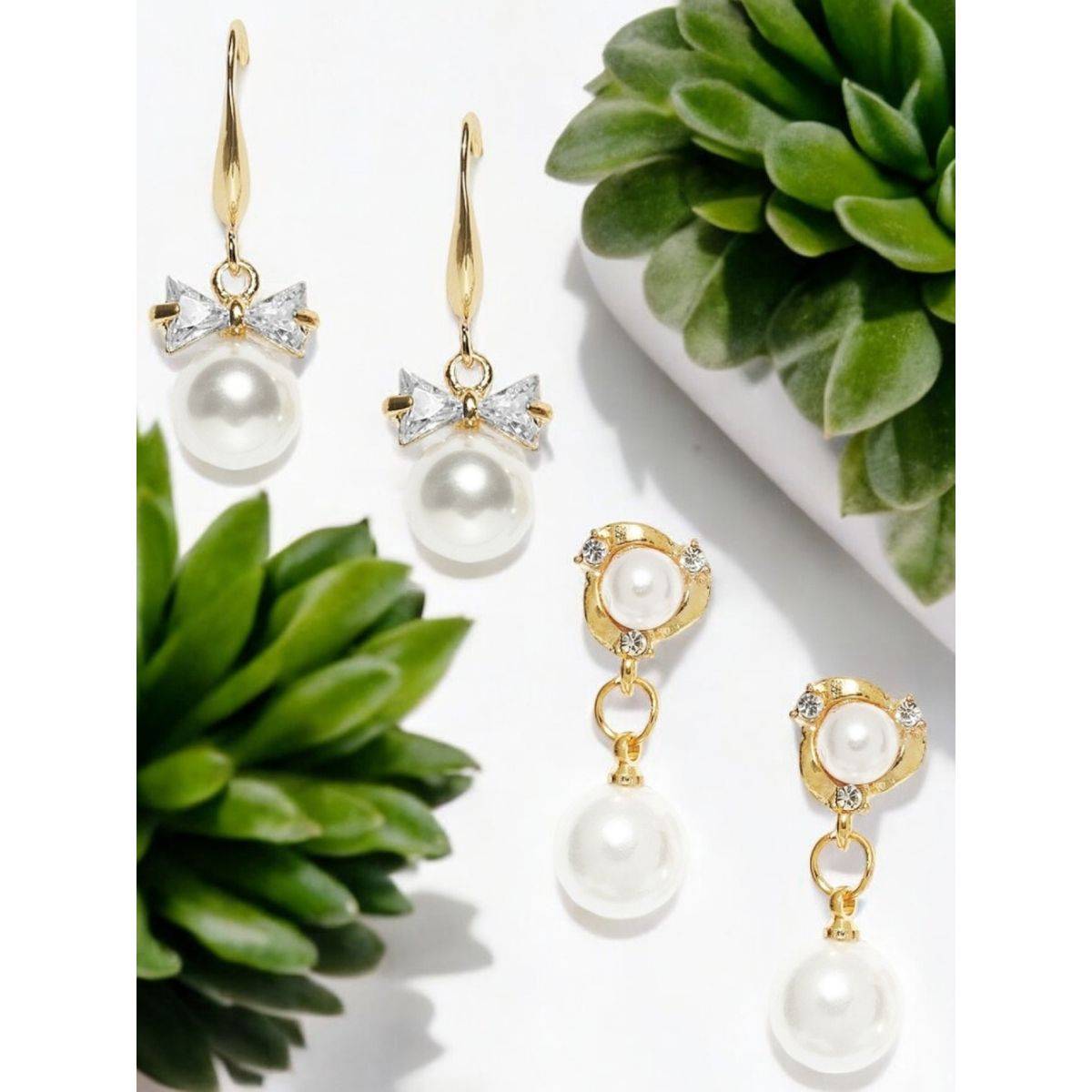 OOMPH Set Of 2 Gold Tone White Pearl Fashion Delicate Drop Earrings