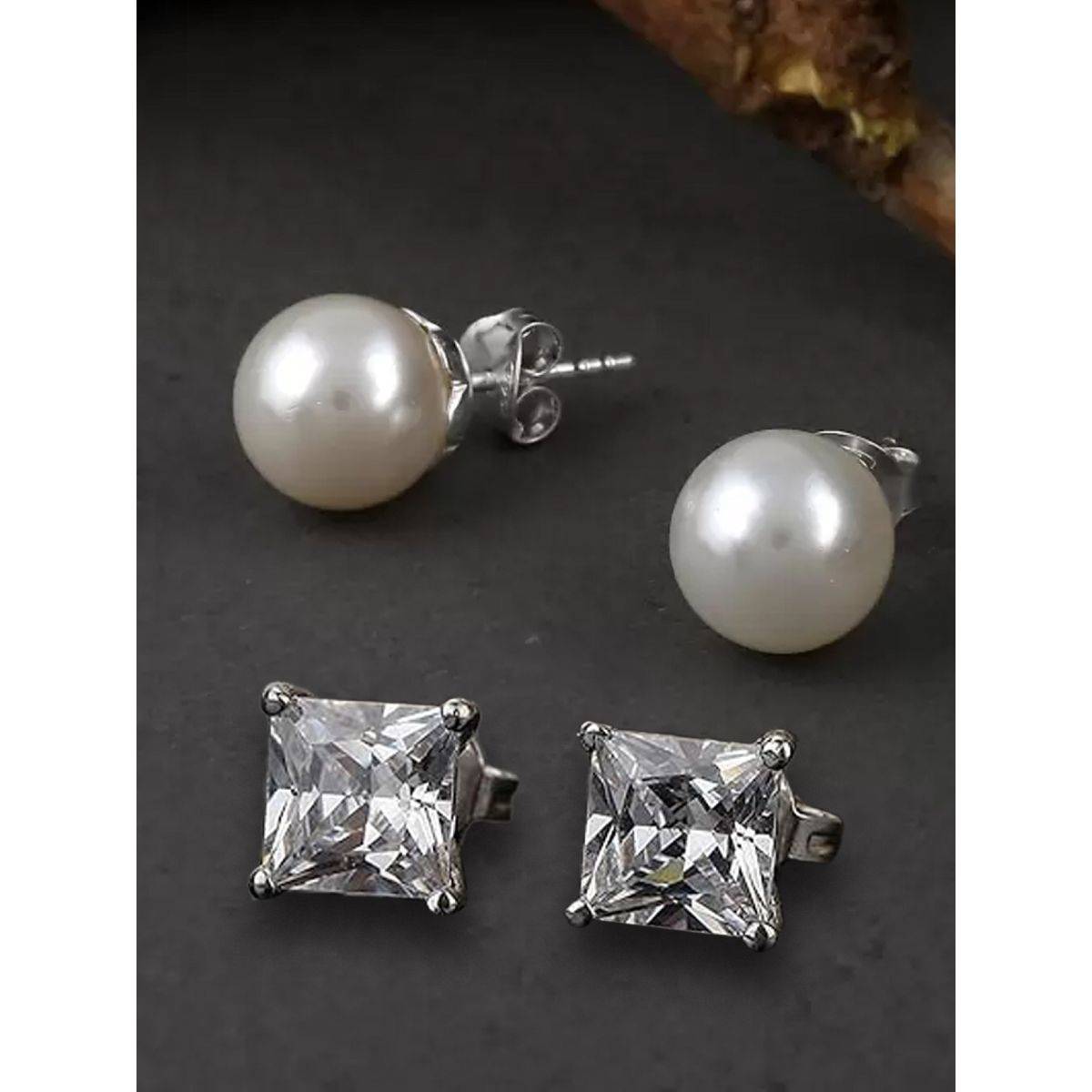 Fabula Combo of 2 White Pearl & Cubic Zirconia Solitaire Anti Tarnish Stud Earring Set