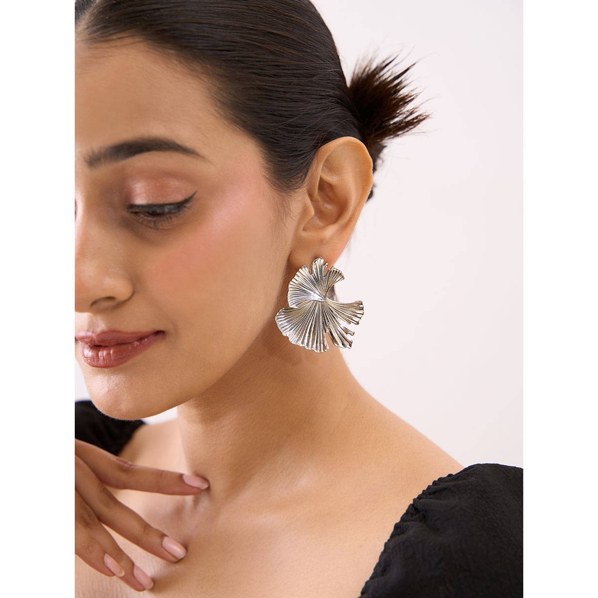 ToniQ Silver Floral Petal Drop & Dangler Earrings