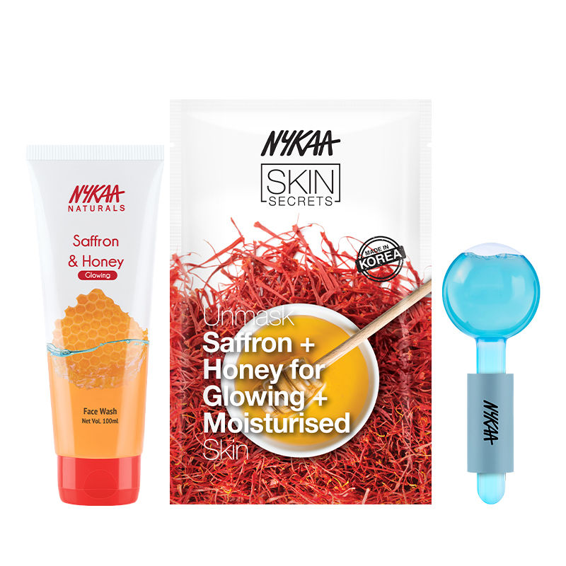 Nykaa Naturals Saffron & Honey Face Wash+Skin Secret Saffron & Honey Sheet Mask+Facial Ice Globes