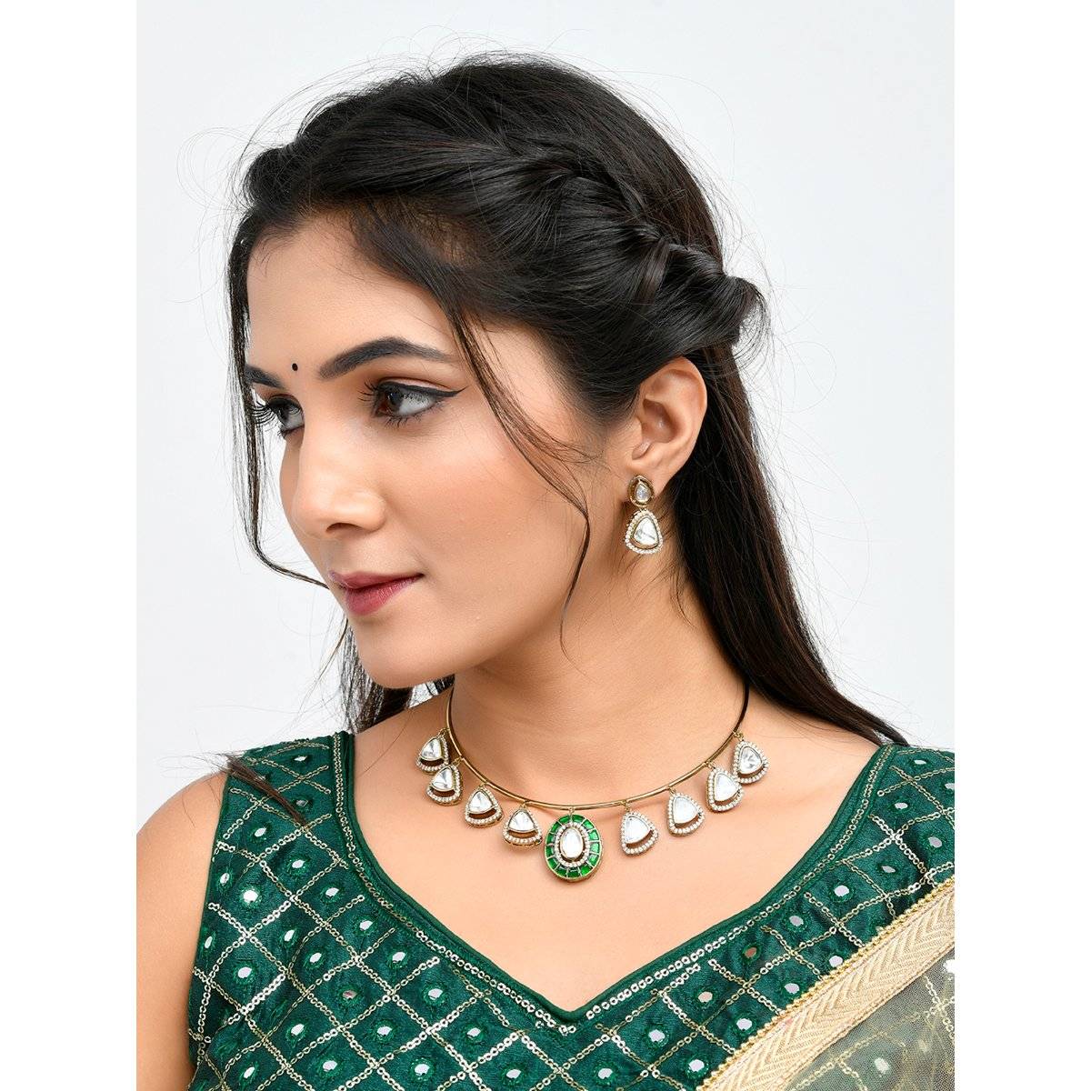 Voylla Hasli Regal Radiance Green Kundan Embellished Golden Necklace Set