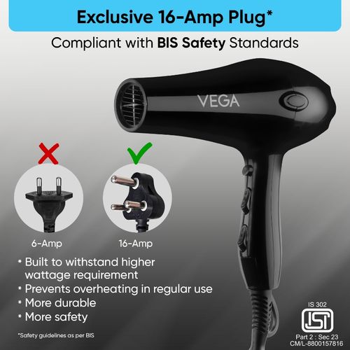 VEGA Pro Touch 1800-2000W Professional Hair Dryer for Women Men with  Heat/Speed Settings,VHDP-02