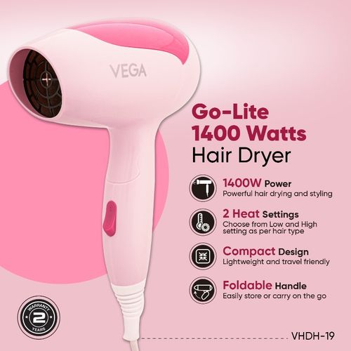 VEGA Go Lite 1200-1400W Foldable Hair Dryer for Women with Heat/ Speed  Setting, (VHDH-19)