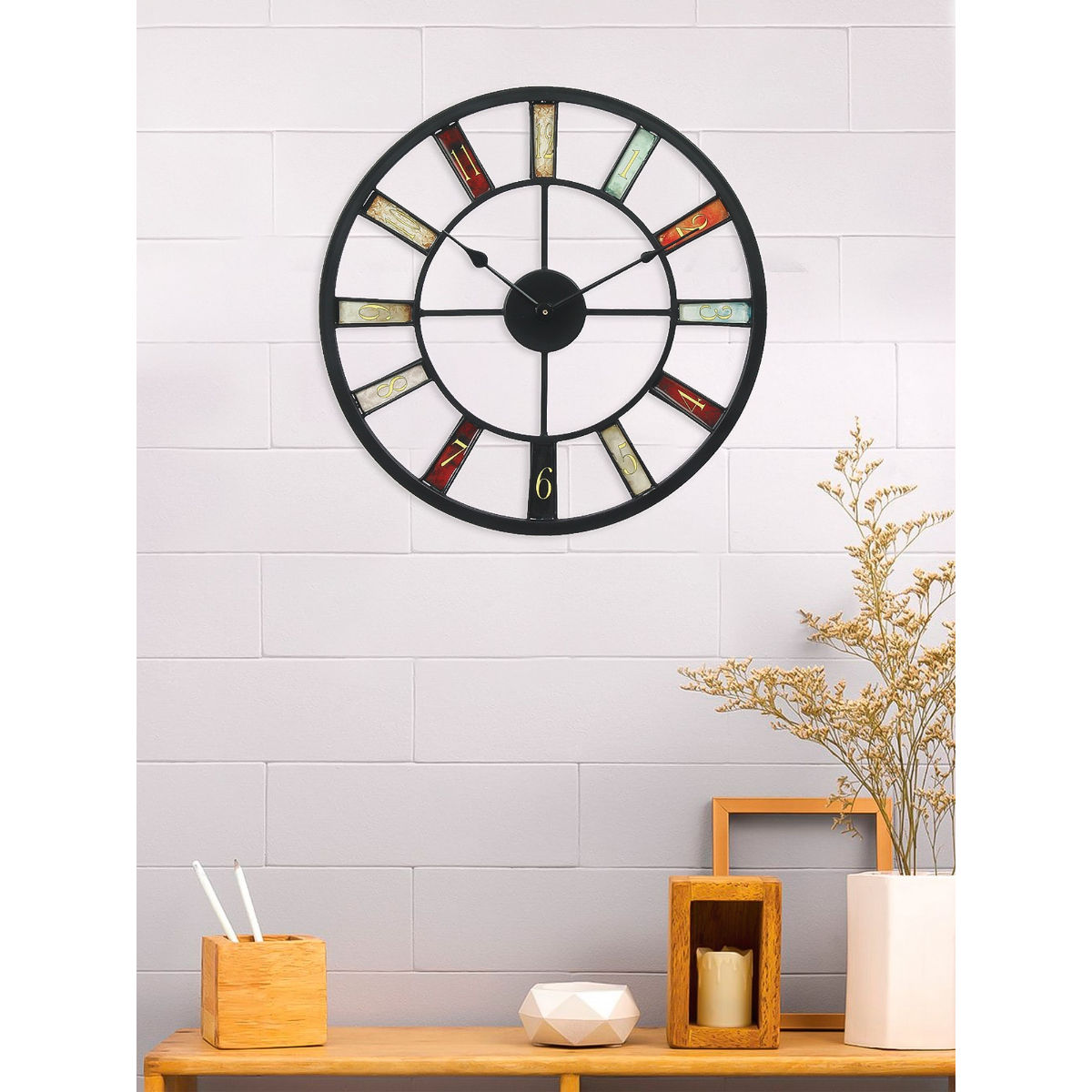 Buy eCraftIndia Black Iron Multicolor Round Analog Wall Clock