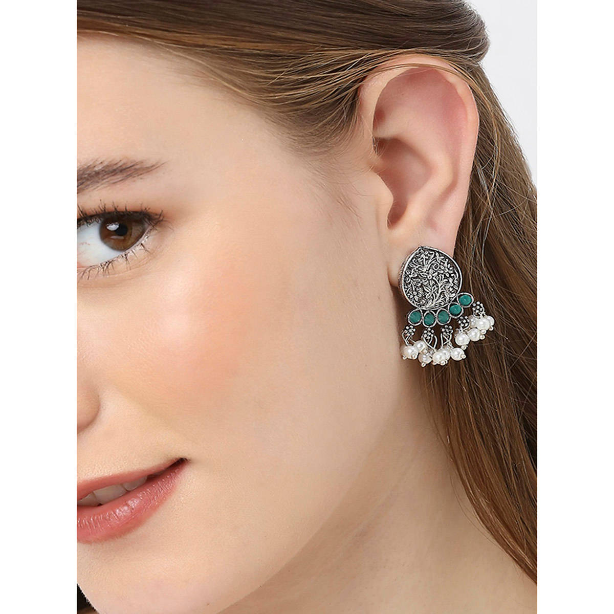 OOMPH Oxidised Silver Small Ethnic Drop Earrings Leaf Design Green Stones