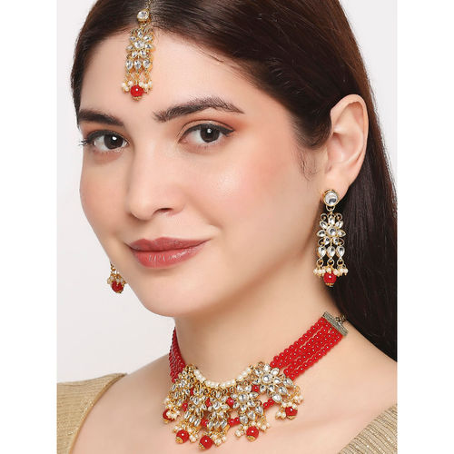 Buy OOMPH Red Beads Kundan Multi Layer Choker Necklace Set with