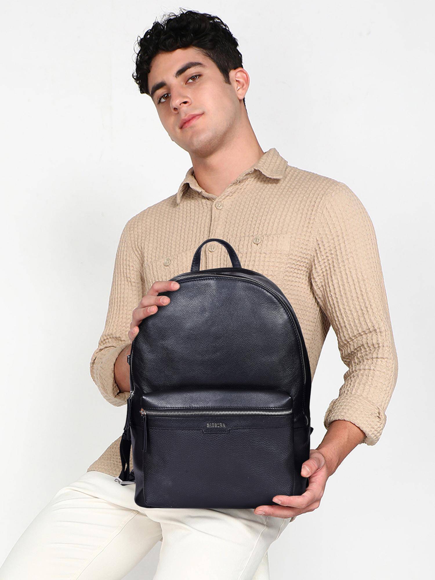 Sassora Premium Leather Laptop Backpack - Black (L)