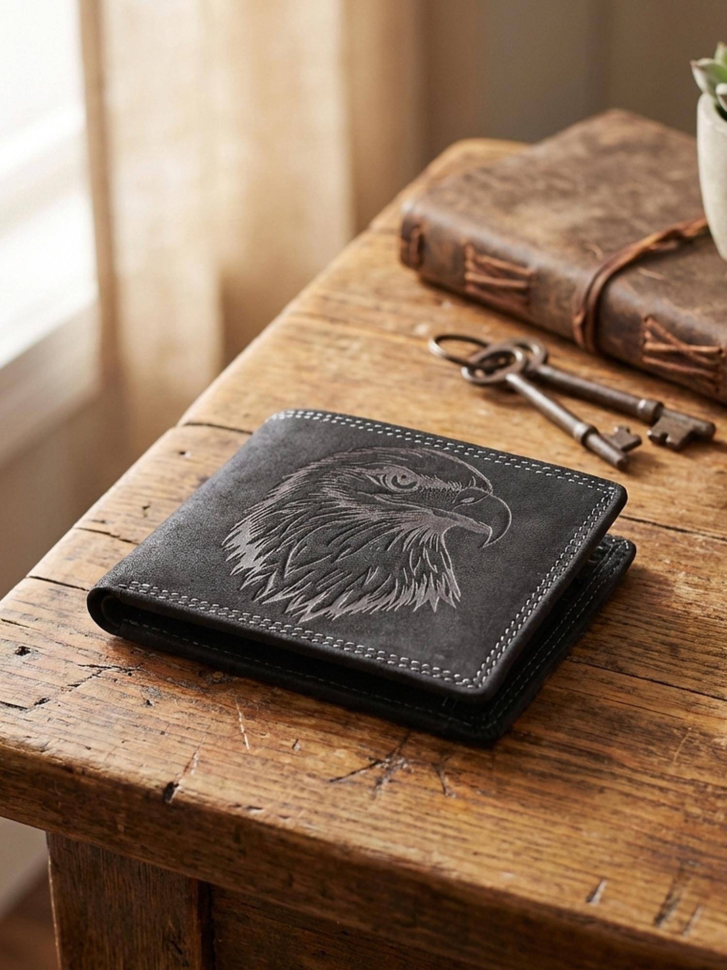 Sassora Leather RFID Blocking Embossed Eagle Design Wallet - Black (L)