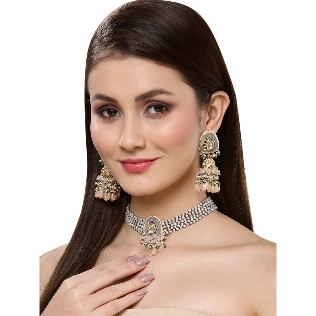 Buy Dugran By Dugristyle Grey & Pink Necklace Earring Jewellery Set