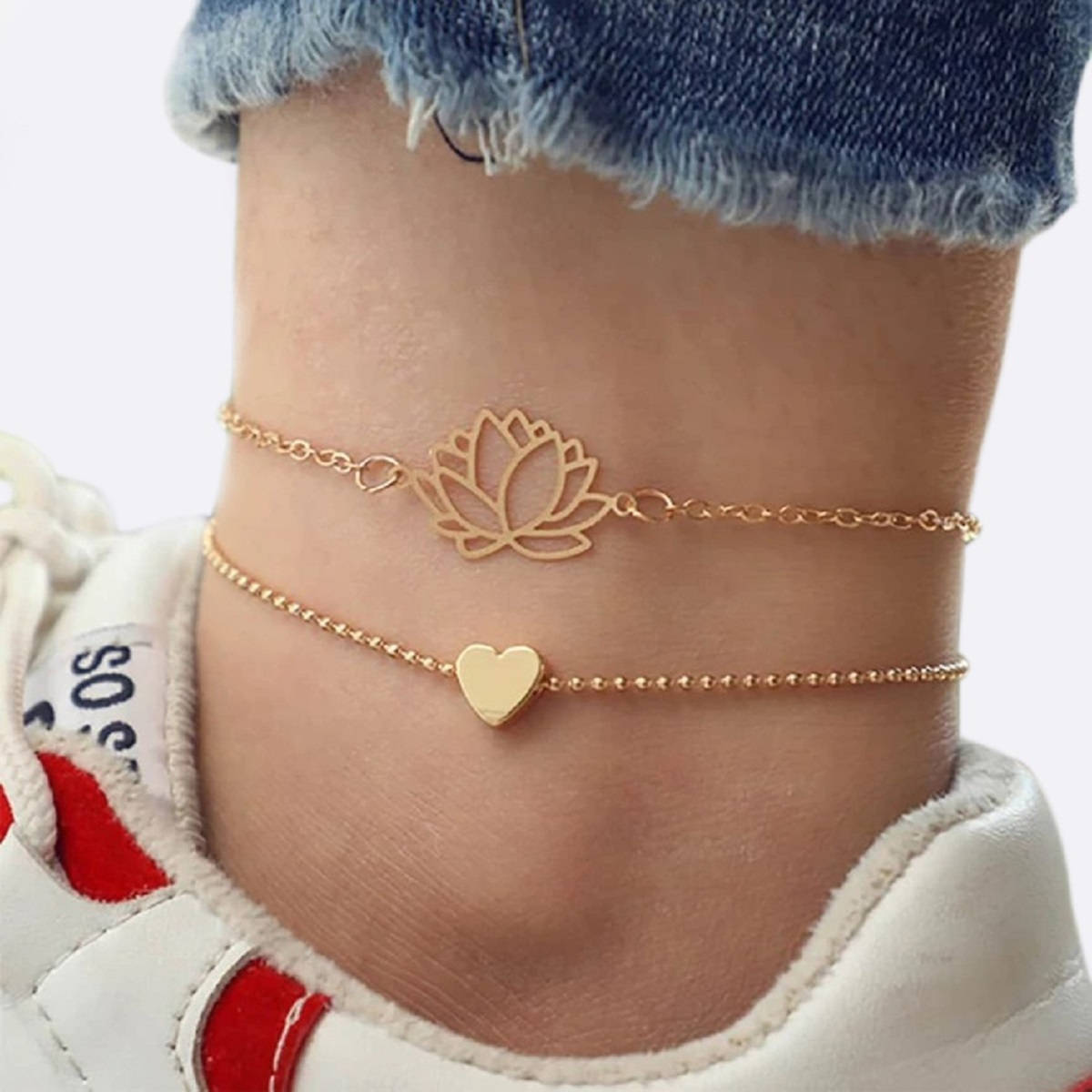 OOMPH Combo of 2 Gold Tone Lotus & Heart Anklet Stylish Latest