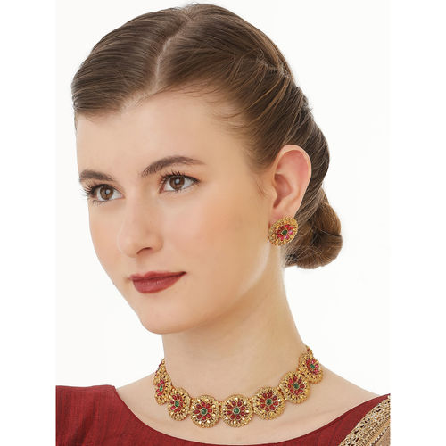 OOMPH Antique Gold Tone Red Green Stones Temple Jewellery Necklace Set  with Earrings