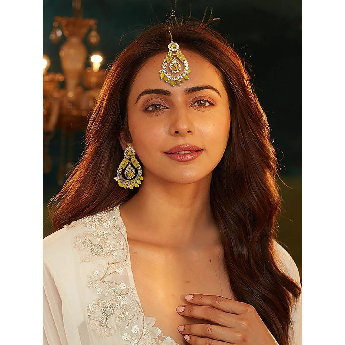 Accessher Yellow And Gold Traditional Earrings With Maangtikka For Women