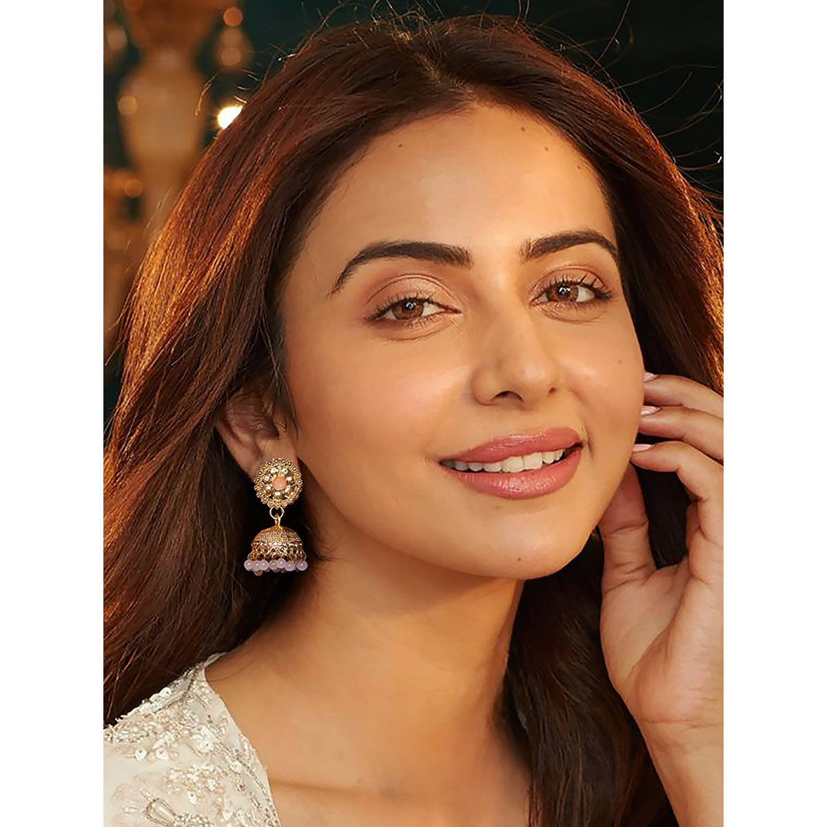 Accessher Rose-Gold Tone, Golden And Peach Jhumka Earrings For Women